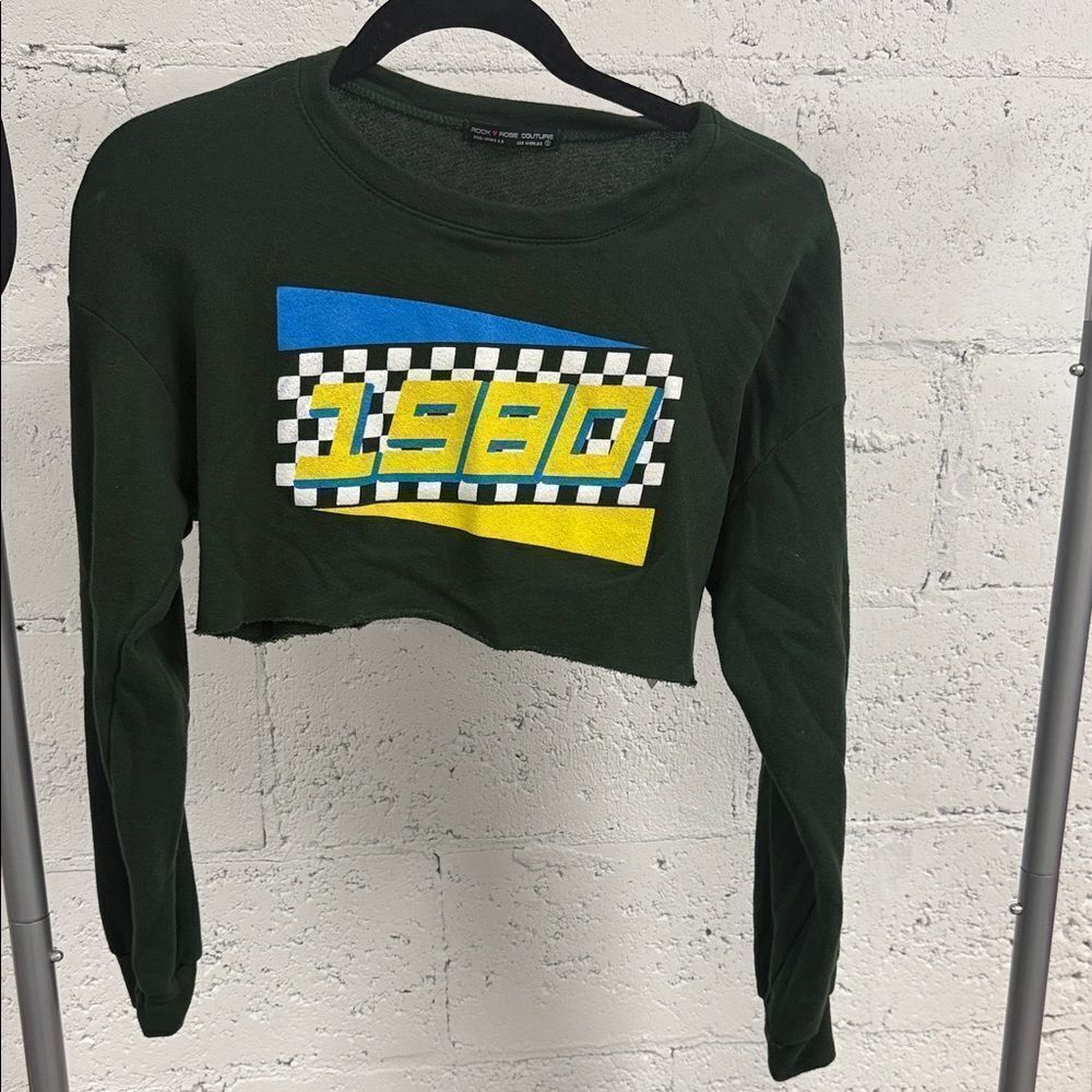 Rock Rose Couture Dark Green 1980 Graphic Crop Sweatshirt Size Small NWOT
